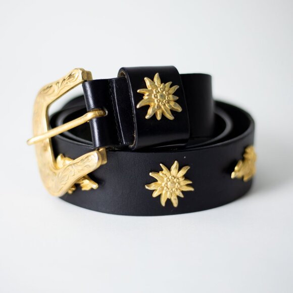 Vintage Birth-Gramm Black Wide Leather Belt Featuring Gold Suns & Iris Flowers main image 11